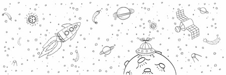 Hand drawing space illustration vector. Collection of sketchy space objects. Space ships, rockets, space shuttle, planets, flying saucers, astronauts etc.のイラスト素材