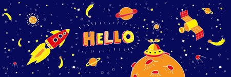 Nursery poster with hand drawn letters Hello and Space ships, rockets, space shuttle, planets. Vector printable print.のイラスト素材