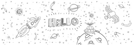Nursery poster with hand drawn letters Hello and Space ships, rockets, space shuttle, planets. Vector printable print. Black and white.のイラスト素材