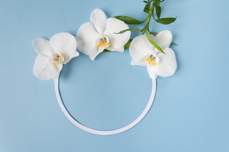 Round frame with white orchid and bamboo on blue background. Place for your text.の写真素材