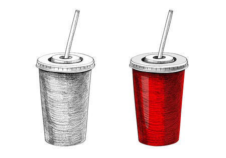 Painted fast food drinks illustration, vintage style in red and white colorのイラスト素材