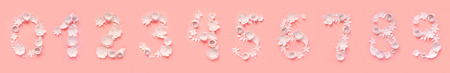 Set of Number figures made from white paper flowers on pink background