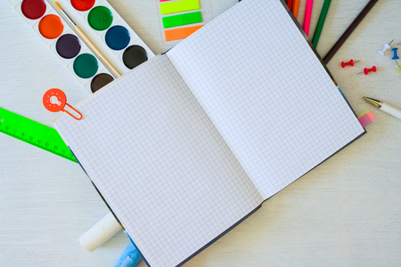 open notebook with stationery flat layの写真素材