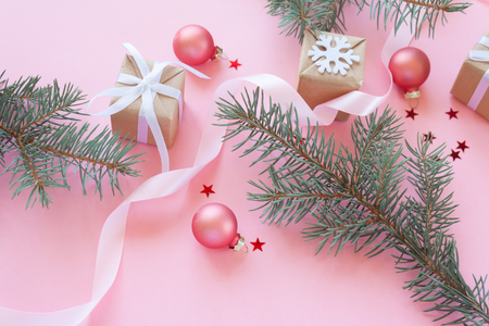 Merry Christmas and Happy New Year. Pink backgroundの写真素材