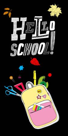 Lettering Hello, School with Creative school bag made of paper with school stationery. Trendy conceptのイラスト素材