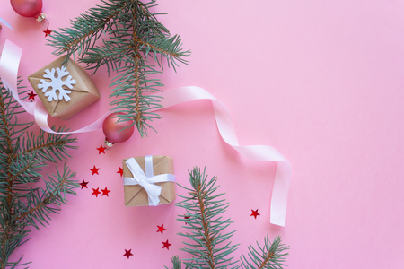 Merry Christmas and Happy New Year. Pink backgroundの写真素材