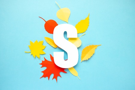 letter s cut from paper with paper autumn leaves on blue background. Form, counterformの写真素材