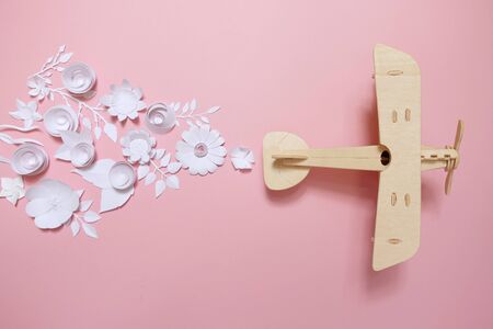wooden toy airplane lucky white flower cut from paper. The concept of spring and travelの写真素材
