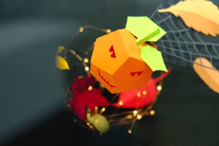 Happy Halloween. Halloween decor made of paper on black background.の写真素材