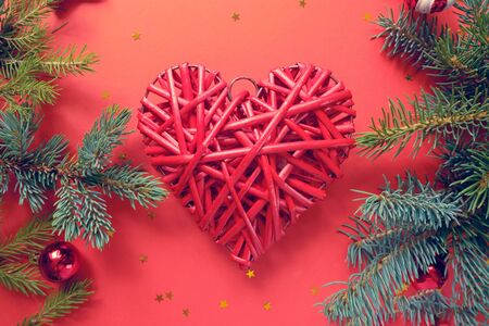 Merry Christmas and Happy New Year on red background. Holidays cardの写真素材