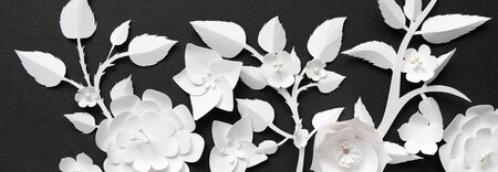 Black paper flowers on white background. Cut from paper. Gothic frame