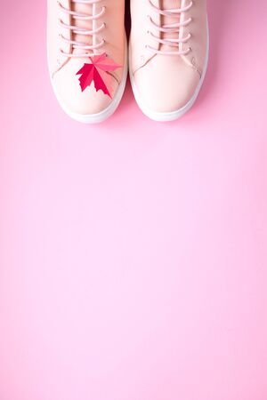 The concept of autumn in the style of minimalism. Paper autumn maple leaf lies on pink sneakersの写真素材