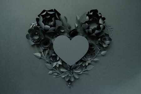 Black paper flowers, floral background, bridal bouquet, wedding, quilling, Valentine's day greeting card, heart shape on white background. Gothicの写真素材