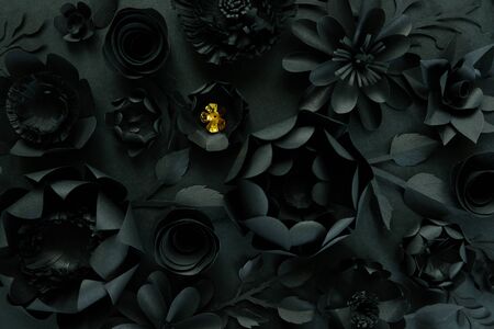 Black paper flowers on Black background. Cut from paper. Gothic frameの写真素材
