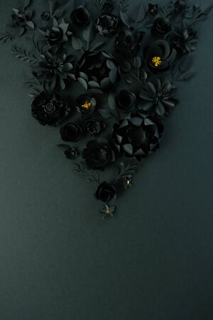 Black paper flowers on Black background. Cut from paper. Gothic frameの写真素材