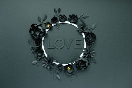 Black paper flowers, floral background, bridal bouquet, wedding, Round frameの写真素材