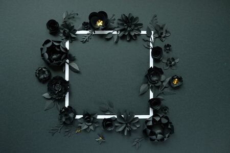 Black paper flowers, floral background, bridal bouquet, wedding, quilling, Valentine's day greeting card, heart shape on black background. Gothic. Lettering loveの写真素材