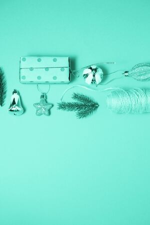 Merry Christmas and Happy New Year. Pattern. Red background. Trendy green and turquose colorの写真素材