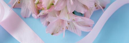 Cookies in the shape of an angel with a pink ribbon with lisianthuses on a blue background.の写真素材