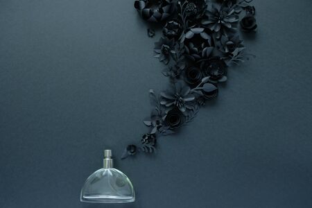Flower arrangement. Flowers, fragrance perfume on black background with black paper flowerの写真素材