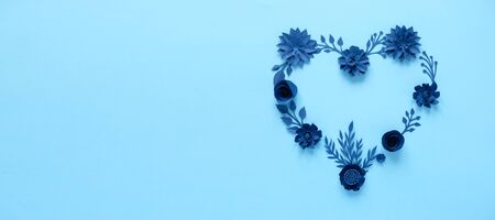 Blue paper flowers, floral background, bridal bouquet, wedding, quilling, Valentines day greeting card, heart shapeの写真素材