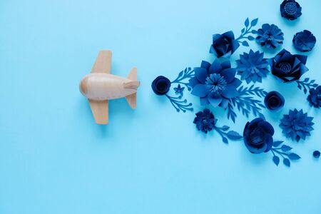 small wooden toy airplane lucky by flower