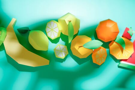 Exotic fruits made of paper with shadow. Trend shadow. Summer concept.の写真素材