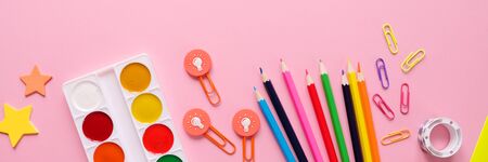 Stationery colorful writing tools accessories pens pencils, color paper. Back to school. Office supplies productsの写真素材