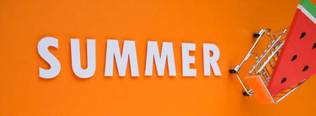 Exotic fruits made of paper on a bold orange background. Summer concept.の写真素材