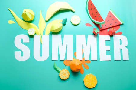 Exotic fruits made of paper with shadow. Trend shadow. Summer concept.の写真素材