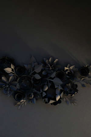 Black paper flowers on Black background. Cut from paper. Shadow trendの写真素材
