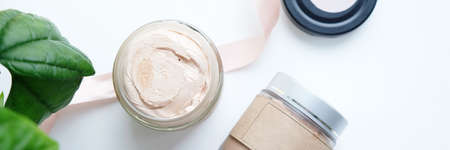 Natural organic handmade cosmetics made from natural ingredients on white background. long format for webの写真素材