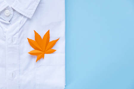 A white shirt with autumn leaves in the pocket. Back to school concept.の写真素材