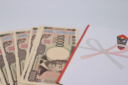 Japan's new 10,000 yen bill and gift envelopeの写真素材