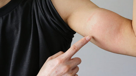 A person pointing at his rough arm