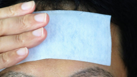 Japanese man with cooling sheet on his foreheadの写真素材