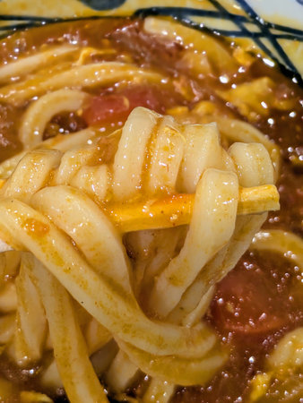 Tomato and egg udon noodles at a Japanese restaurant
