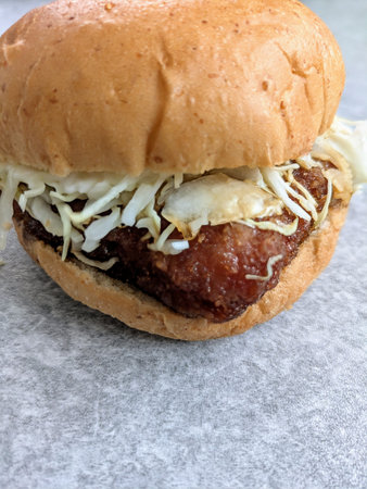 Close-up of a chicken cutlet burgerの写真素材