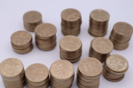 Close-up of stacked 500 yen coins