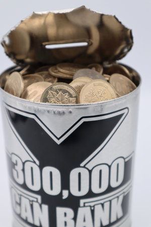 A large amount of coins in a piggy bank