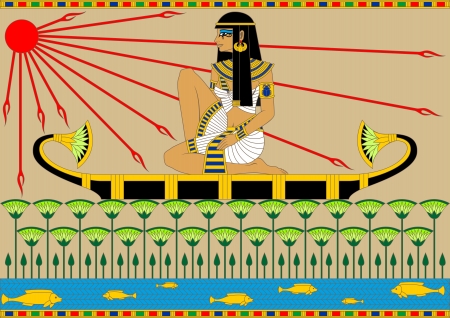 Illustration of an egyptian girl floating on the boat by the river のイラスト素材