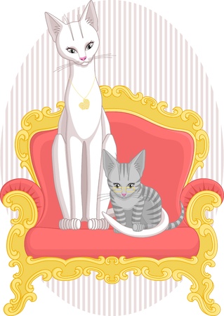 Illustration of cats, mother and daughter, sitting on vintage armchair のイラスト素材