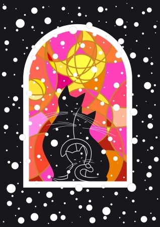 Vector image with cats family at snowy night のイラスト素材