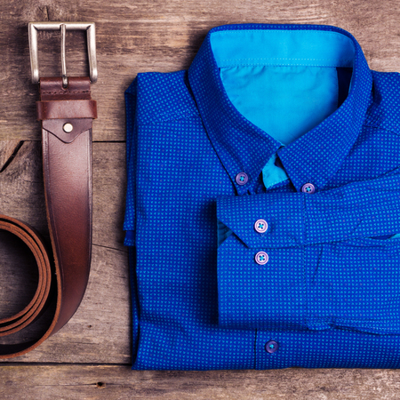 Casual mens fashion and outfits on the wooden table, flat lay, top view.の写真素材