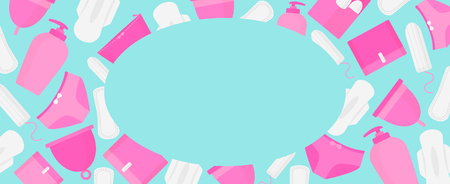 Round frame of menstruation time. Woman hygiene products - tampon, menstrual cup, sanitaryのイラスト素材