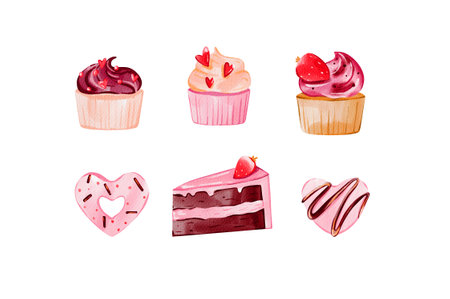 Set of sute cupcake, heart-shaped cookies and chocolate cake any design, print, Valentine's Day, girl party, bithday. Delicious sweets, Digital watercolor illustrationの写真素材