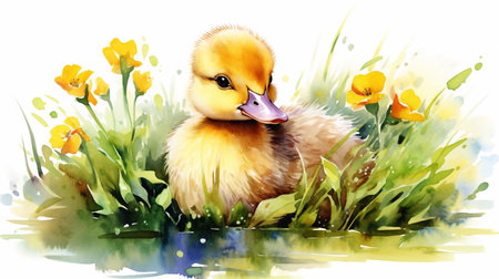 Duckling watercolor illustration, baby duck with flowers, white background. Generative AIの素材