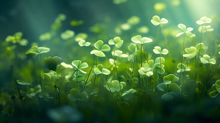 A field of green clovers or shamrocks, morning light, horizontal banner. Generative AIの素材