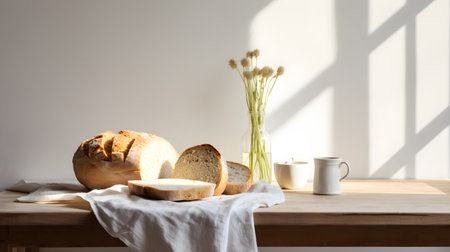 White kitchen, traditional soda bread with butter on the table on the kitchen, morning light. Generative AIの素材