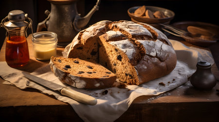 Irish soda bread on the table on the kitchen, dark style. Generative AIの素材